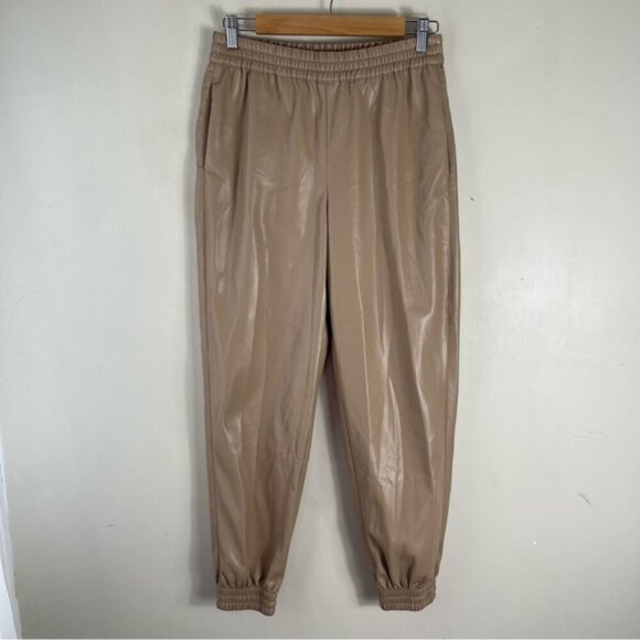 Aritzia Babaton Zedel Vegan Leather Jogger Pant Tan Size Small Pull on Comfy - Picture 2 of 13